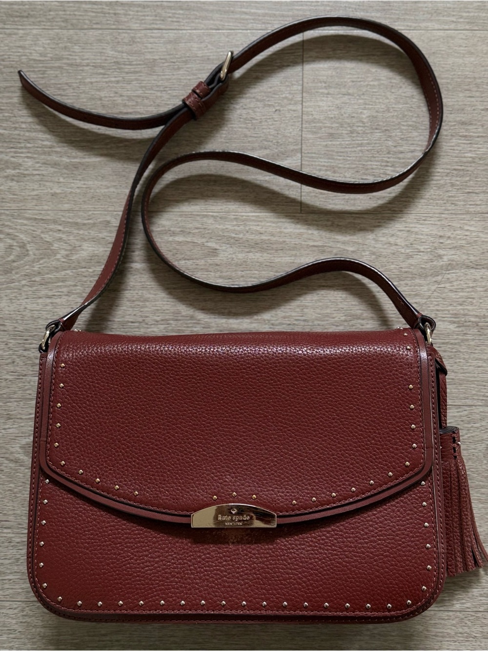 Kate Spade New York Bordeaux Burgundy Leather Studded Tassel Crossbody Bag